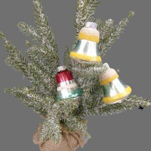 3 Shiny Brite Bell Christmas Ornaments, Striped, Mica, Vintage Lot Bundle